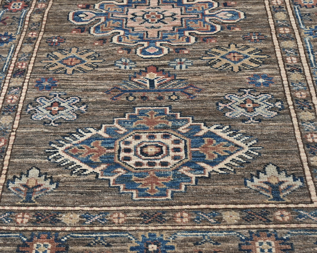 Alfombra de lana geométrica anudada a mano, color marrón y gris, estilo afgano kazajo, de 2,7 m