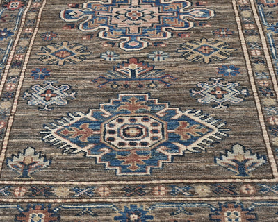 Alfombra de lana geométrica anudada a mano, color marrón y gris, estilo afgano kazajo, de 2,7 m
