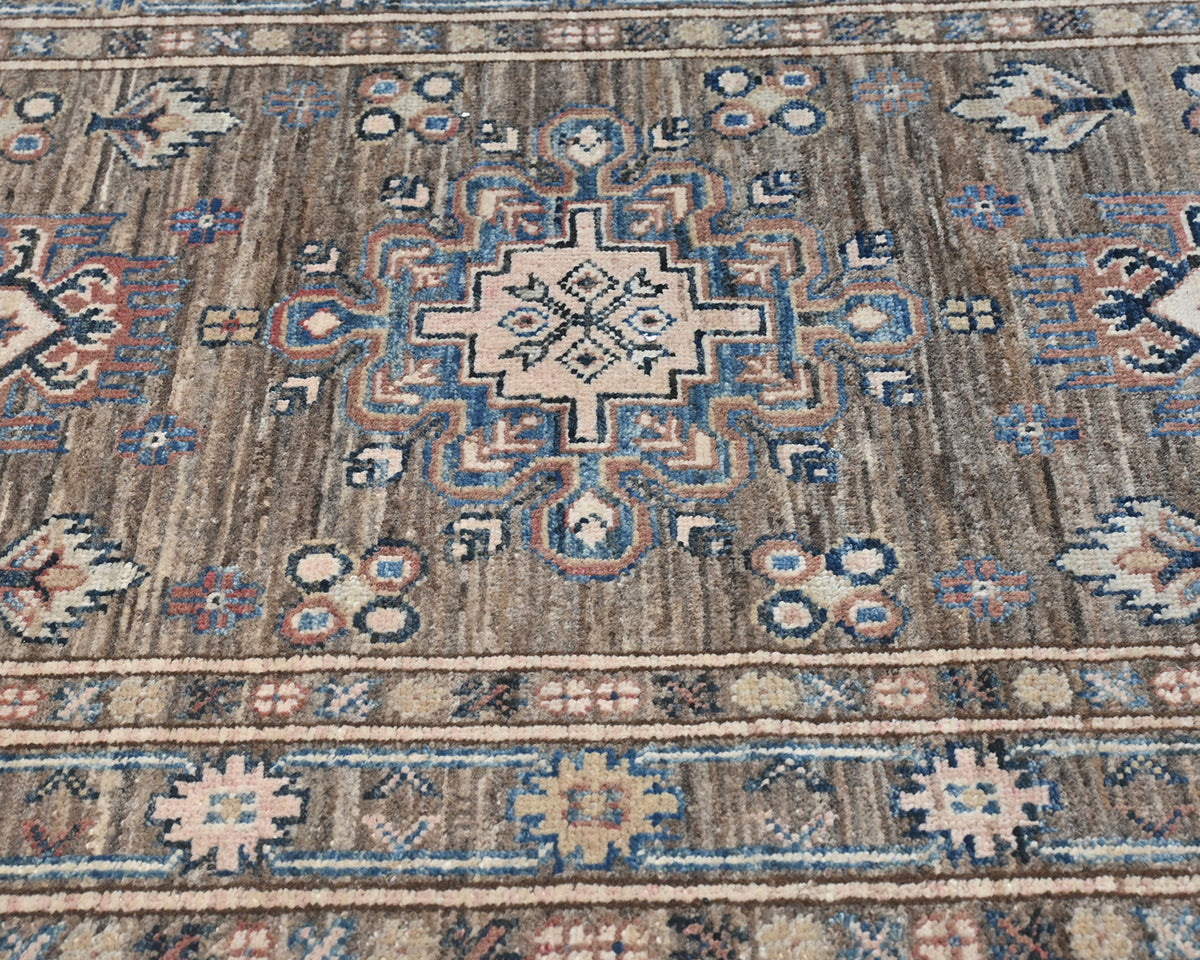 Alfombra de lana geométrica anudada a mano, color marrón y gris, estilo afgano kazajo, de 2,7 m