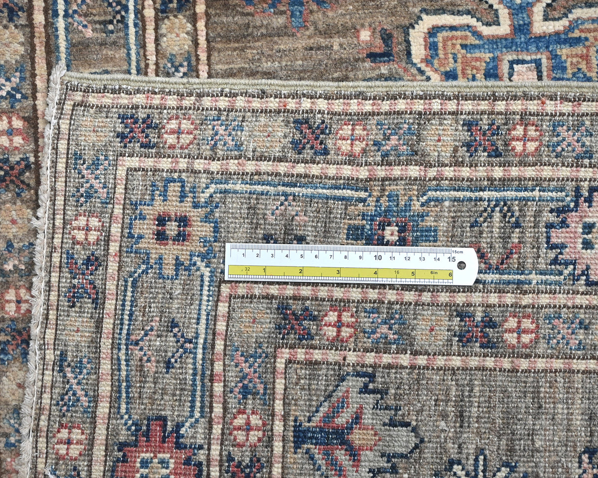 Alfombra de lana geométrica anudada a mano, color marrón y gris, estilo afgano kazajo, de 2,7 m
