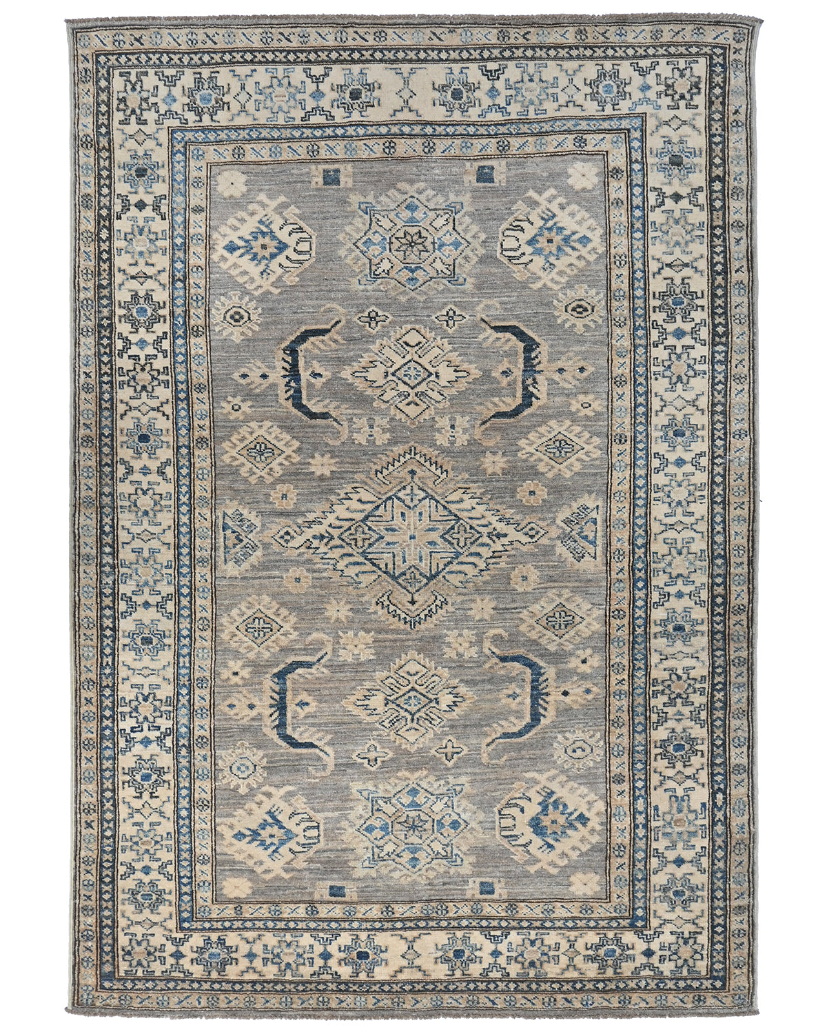 Alfombra tradicional afgana de lana anudada a mano, de 4 x 6 pulgadas, color gris y azul kazajo