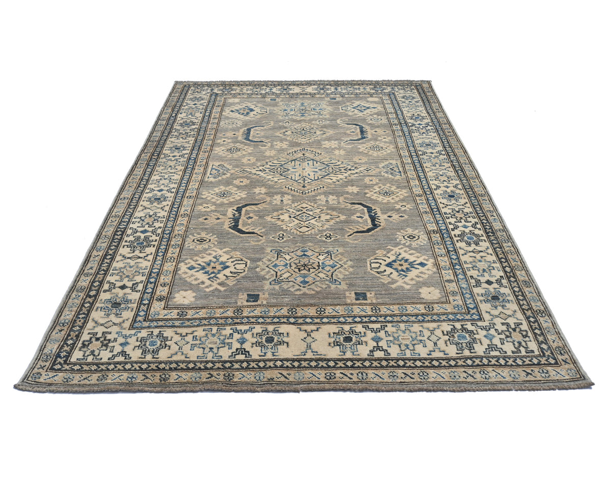 Alfombra tradicional afgana de lana anudada a mano, de 4 x 6 pulgadas, color gris y azul kazajo