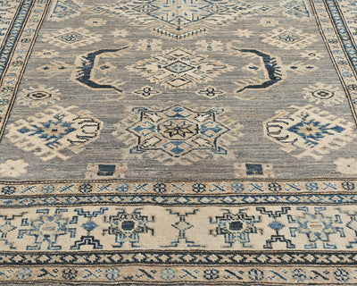 Alfombra tradicional afgana de lana anudada a mano, de 4 x 6 pulgadas, color gris y azul kazajo