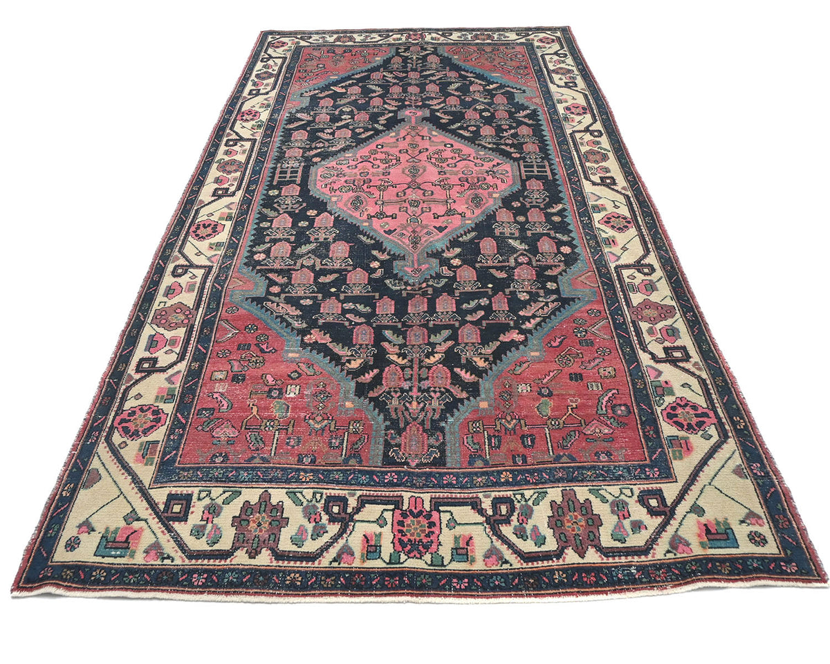 6x12 Vintage Blue Pink Persian Style Hand Knotted Low Pile Wool Runner Rug