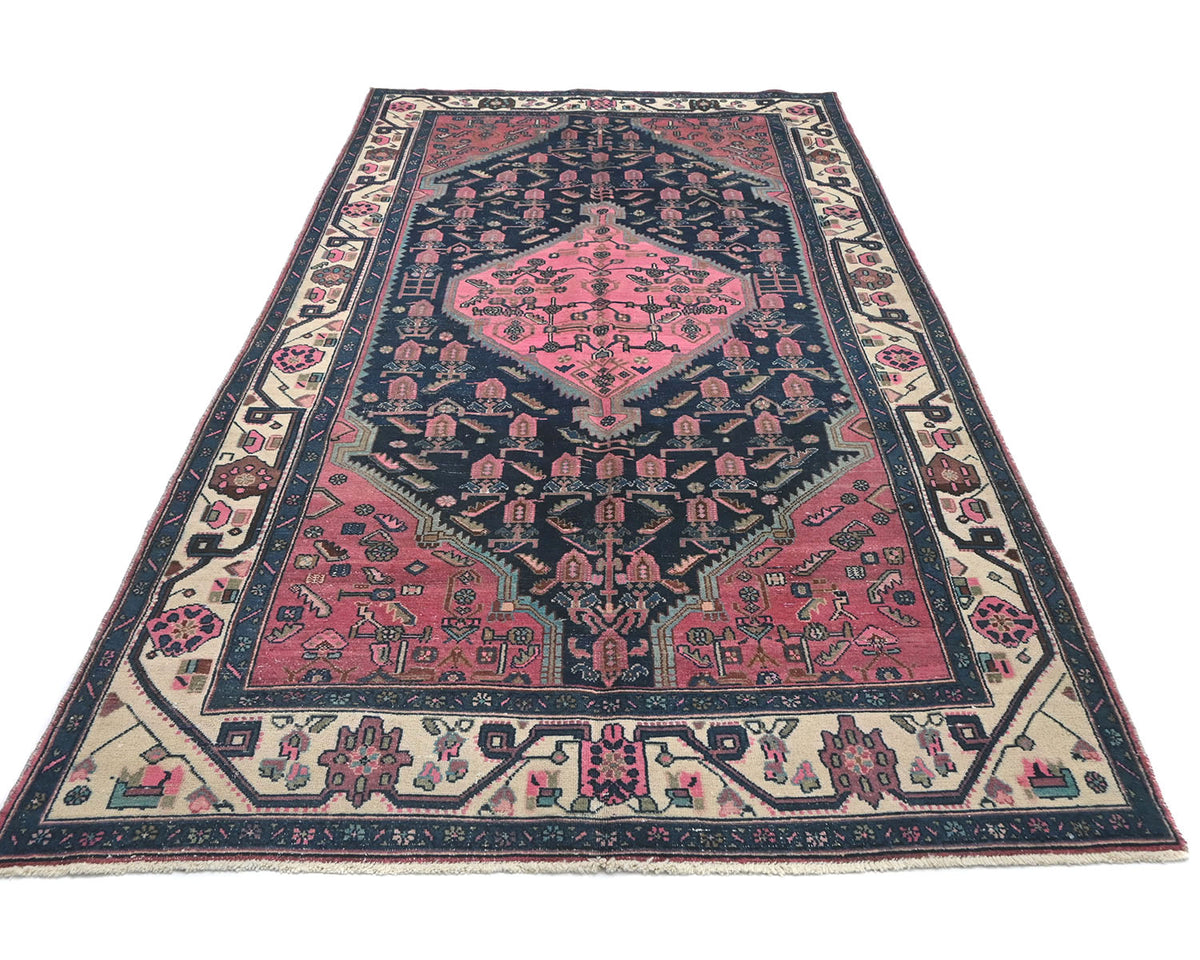 6x11 Vintage Blue Pink Persian Style Hand Knotted Low Pile Wool Area Rug