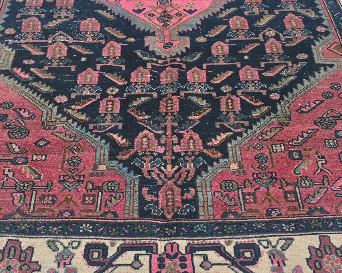 6x11 Vintage Blue Pink Persian Style Hand Knotted Low Pile Wool Area Rug