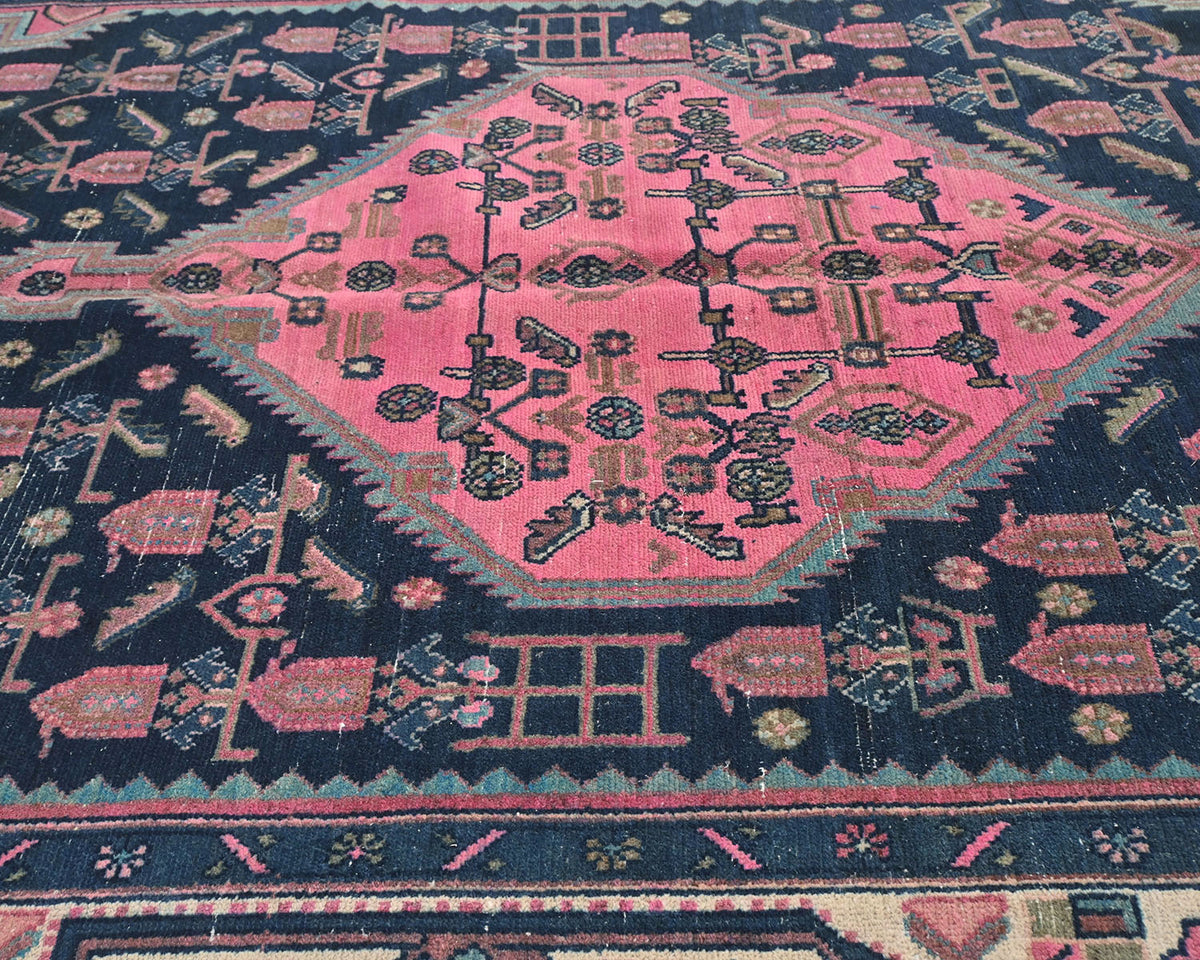 6x11 Vintage Blue Pink Persian Style Hand Knotted Low Pile Wool Area Rug