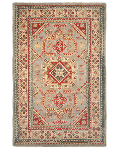 4x6 Gray Kuba Afghan Hand Knotted Wool Area Rug
