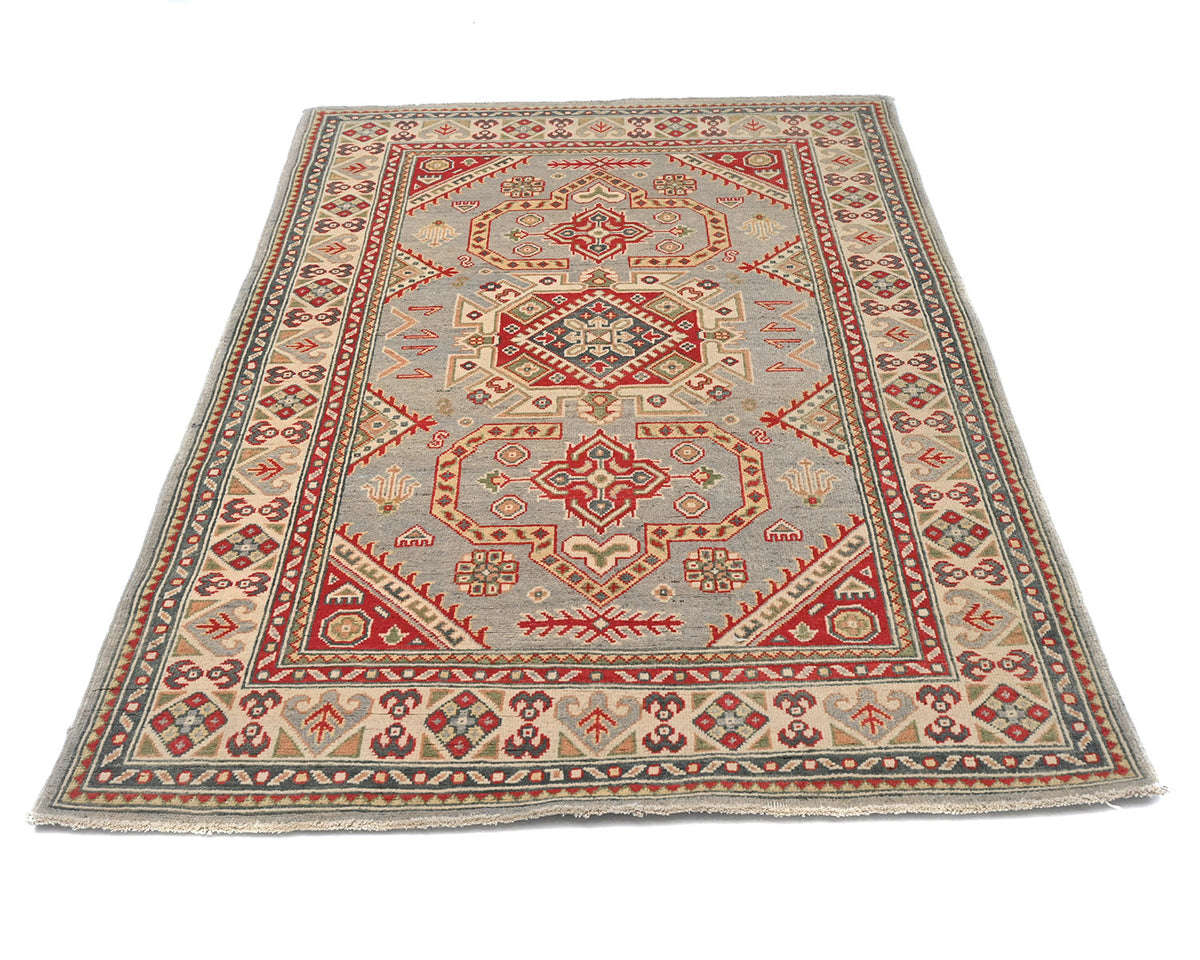 4x6 Gray Kuba Afghan Hand Knotted Wool Area Rug