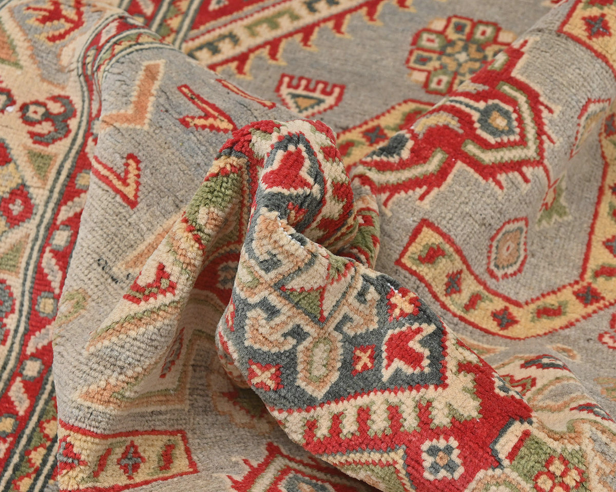 4x6 Gray Kuba Afghan Hand Knotted Wool Area Rug