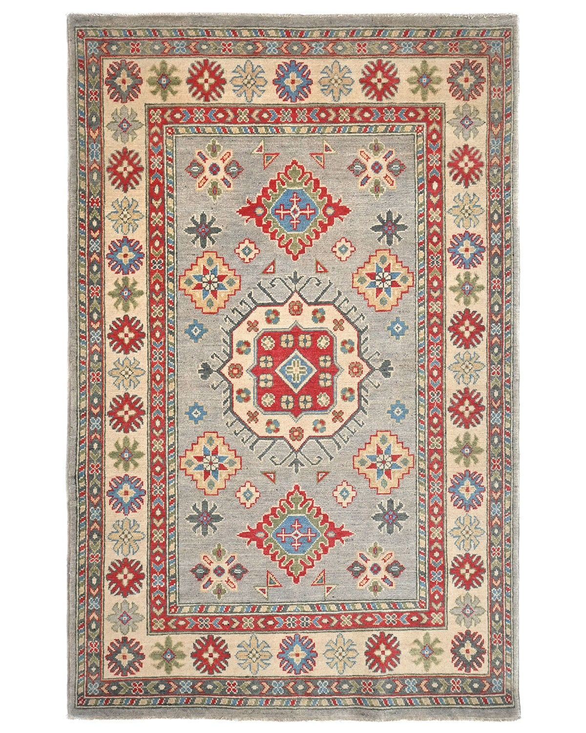 4x6 Gray Kuba Afghan Hand Knotted Wool Area Rug