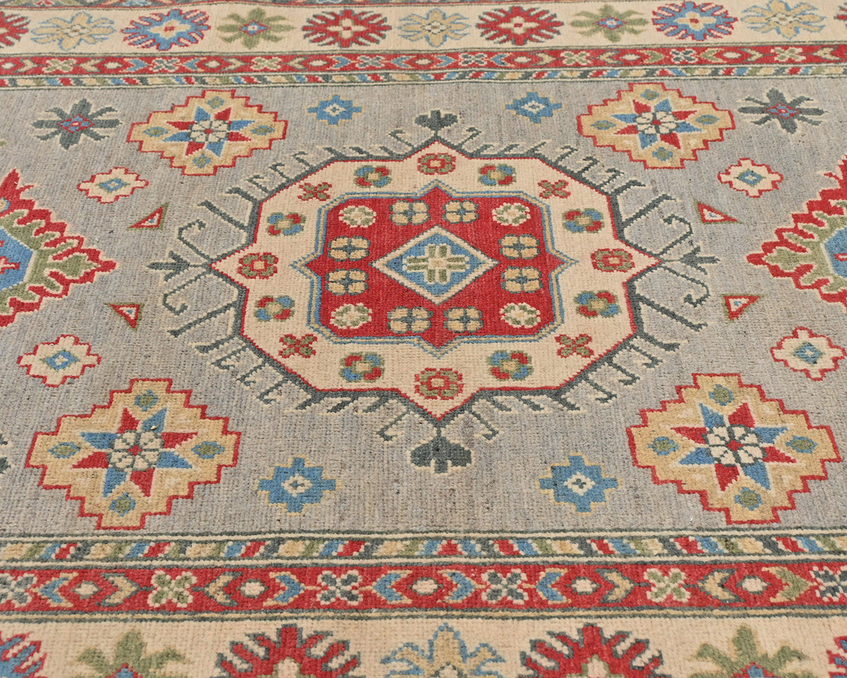 4x6 Gray Kuba Afghan Hand Knotted Wool Area Rug