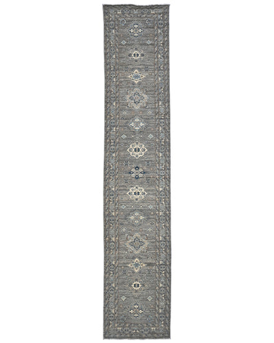 Alfombra de lana geométrica anudada a mano, color gris, Kazak Afghan, de 13 pies