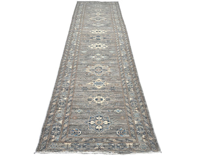Alfombra de lana geométrica anudada a mano, color gris, Kazak Afghan, de 13 pies