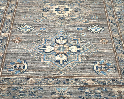 Alfombra de lana geométrica anudada a mano, color gris, Kazak Afghan, de 13 pies