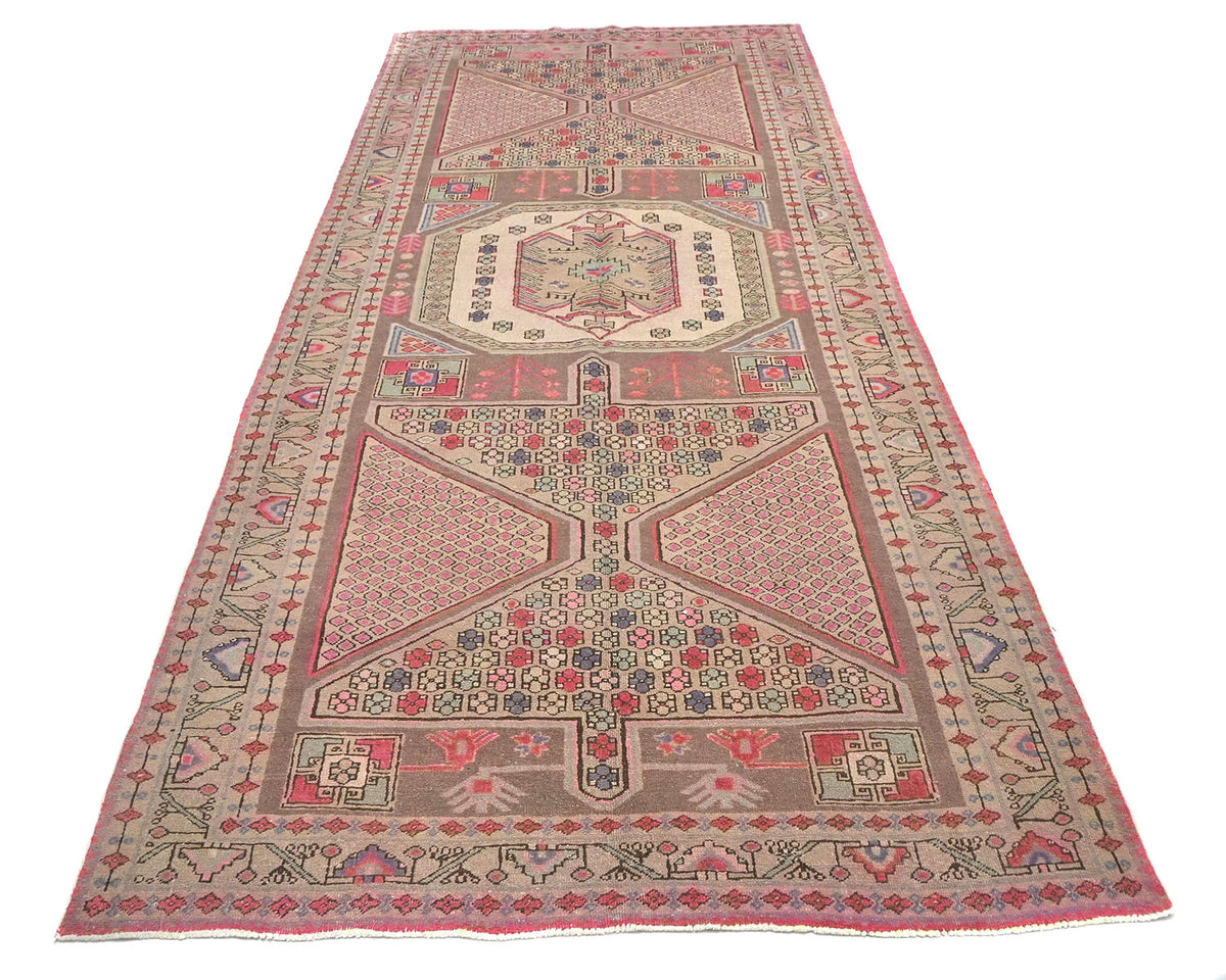 12 Ft Vintage Brown Persian Style Hand Knotted Low Pile Wool Runner Rug