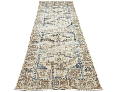 10 Ft Vintage Brown Persian Style Hand Knotted Distressed Low Pile Wool Runner Rug