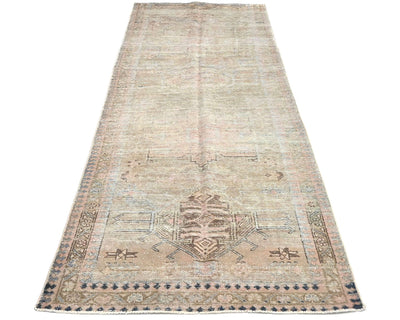 10 Ft Vintage Brown Persian Style Hand Knotted Distressed Low Pile Wool Runner Rug