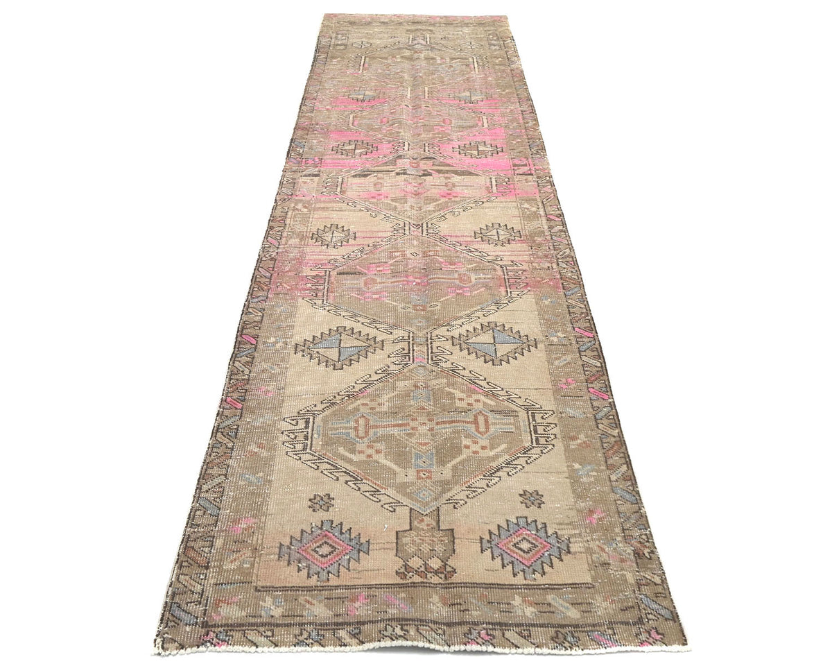 11 Ft Vintage Brown Persian Style Hand Knotted Low Pile Wool Runner Rug