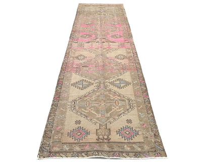 11 Ft Vintage Brown Persian Style Hand Knotted Low Pile Wool Runner Rug