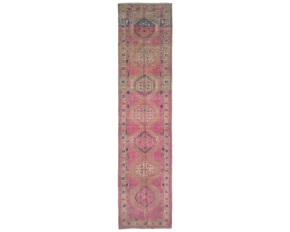 14 Ft Vintage Pink Brown Persian Style Hand Knotted Low Pile Wool Runner Rug