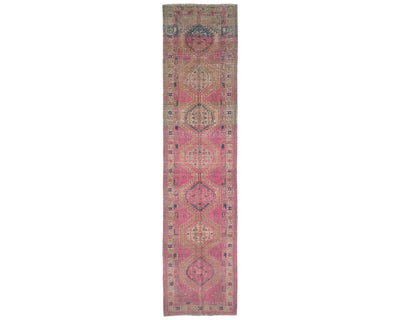 14 Ft Vintage Pink Brown Persian Style Hand Knotted Low Pile Wool Runner Rug