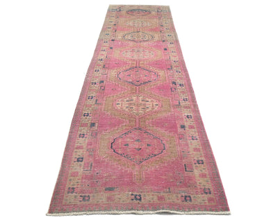 14 Ft Vintage Pink Brown Persian Style Hand Knotted Low Pile Wool Runner Rug