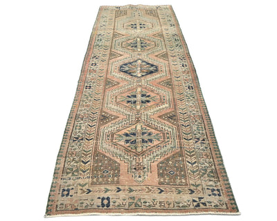 10 Ft Vintage Terracotta Persian Style Hand Knotted Low Pile Wool Runner Rug