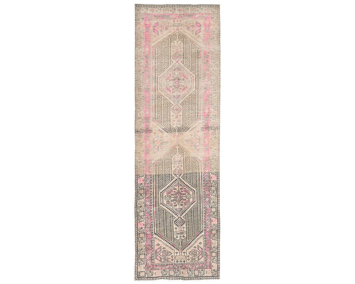 11 Ft Vintage Brown Persian Style Hand Knotted Distressed Low Pile Wool Runner Rug