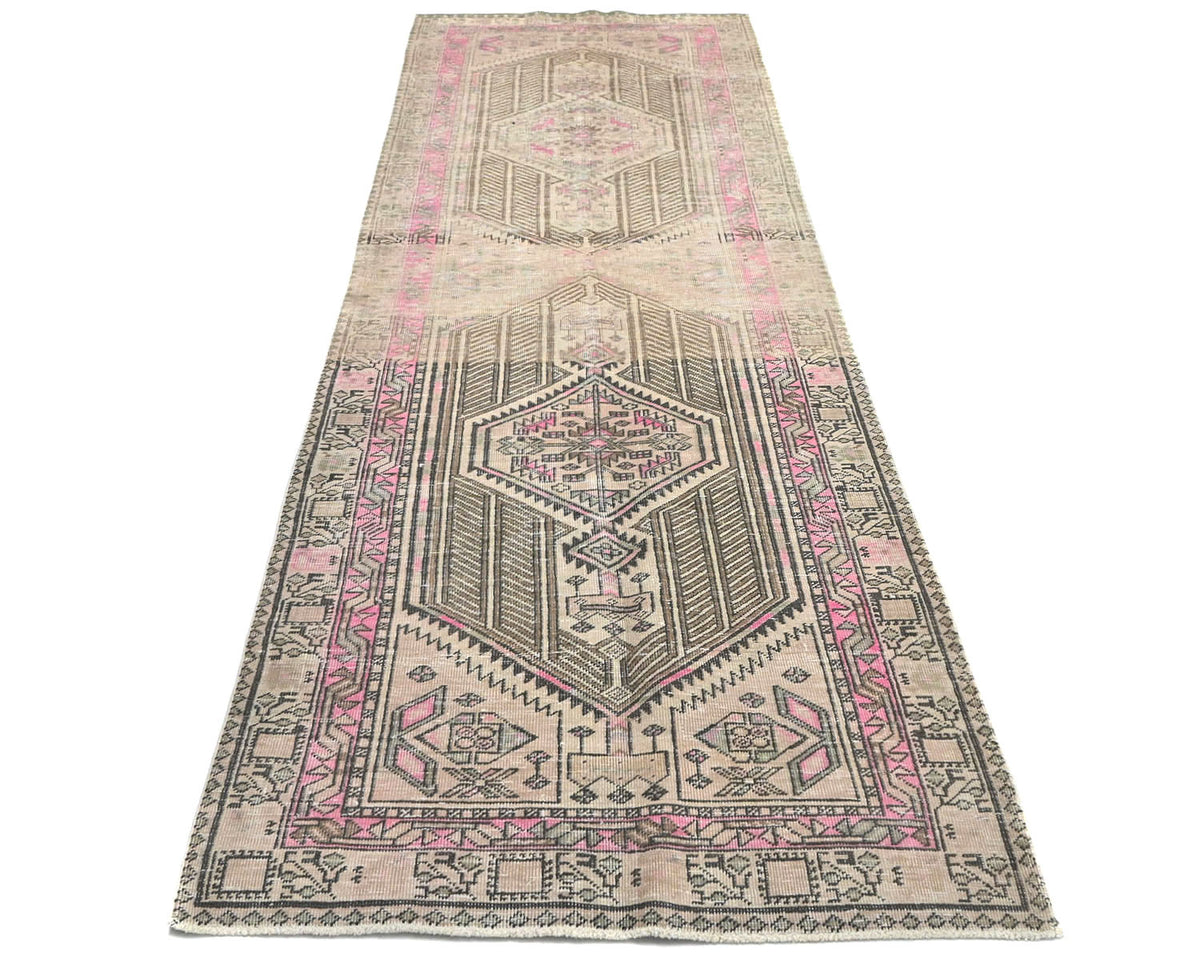 11 Ft Vintage Brown Persian Style Hand Knotted Distressed Low Pile Wool Runner Rug