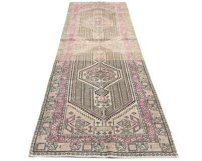 11 Ft Vintage Brown Persian Style Hand Knotted Distressed Low Pile Wool Runner Rug