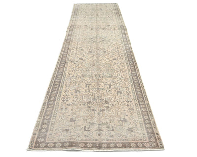 13 Ft Vintage Brown Persian Style Hand Knotted Distressed Low Pile Wool Runner Rug