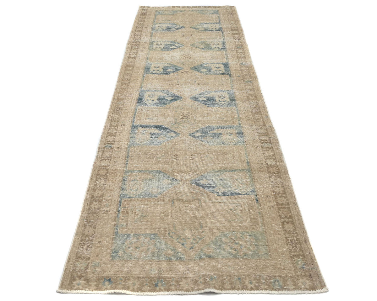 11 Ft Vintage Brown Persian Style Hand Knotted Distressed Low Pile Wool Runner Rug
