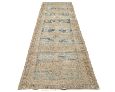 11 Ft Vintage Brown Persian Style Hand Knotted Distressed Low Pile Wool Runner Rug