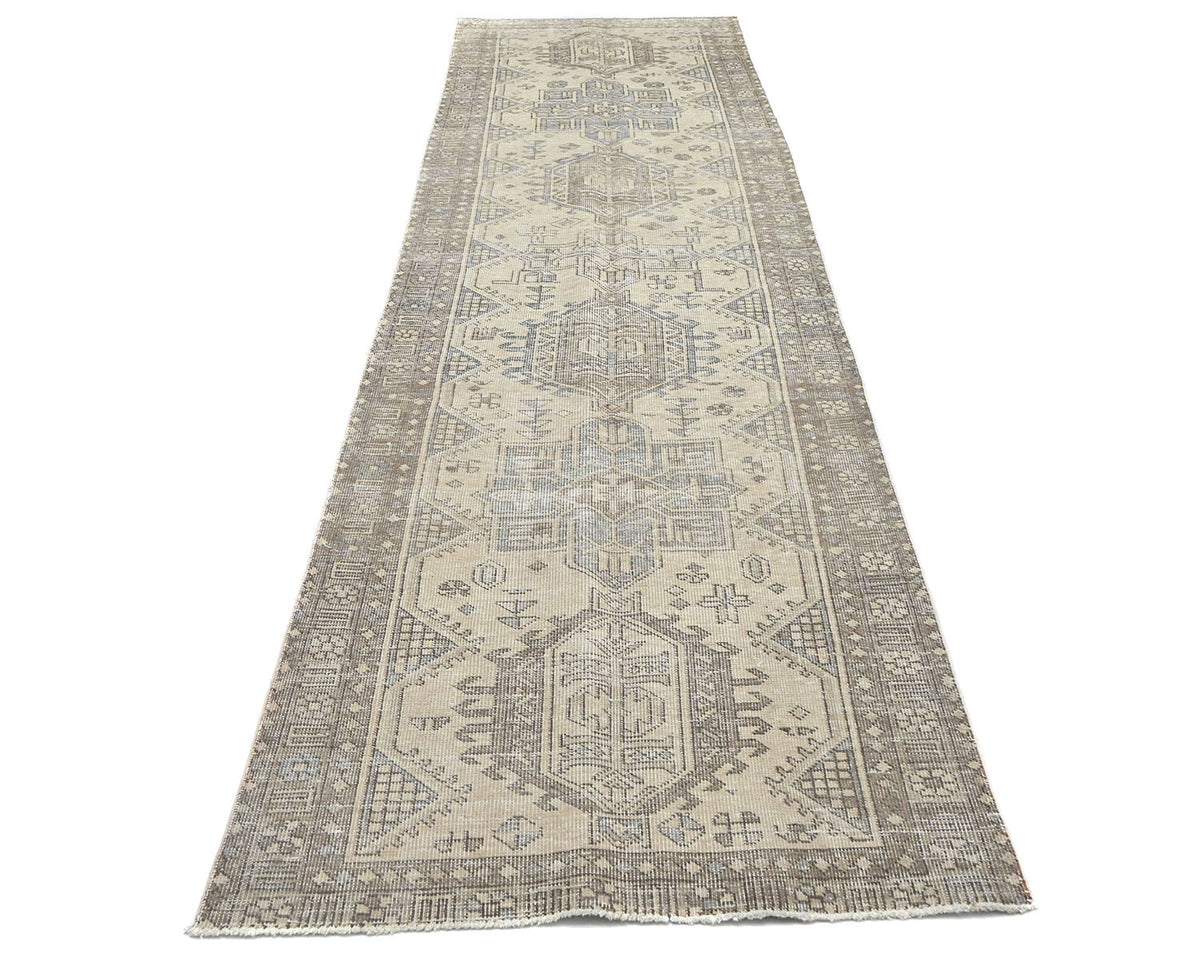12 Ft Vintage Brown Persian Style Hand Knotted Distressed Low Pile Wool Runner Rug