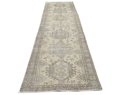 12 Ft Vintage Brown Persian Style Hand Knotted Distressed Low Pile Wool Runner Rug