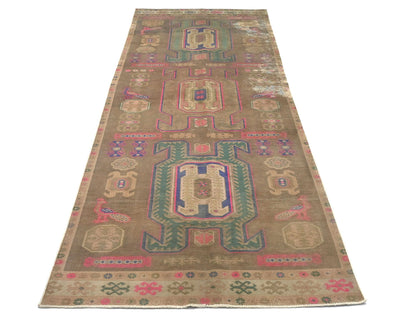 10 Ft Vintage Brown Persian Style Hand Knotted Low Pile Wool Runner Rug