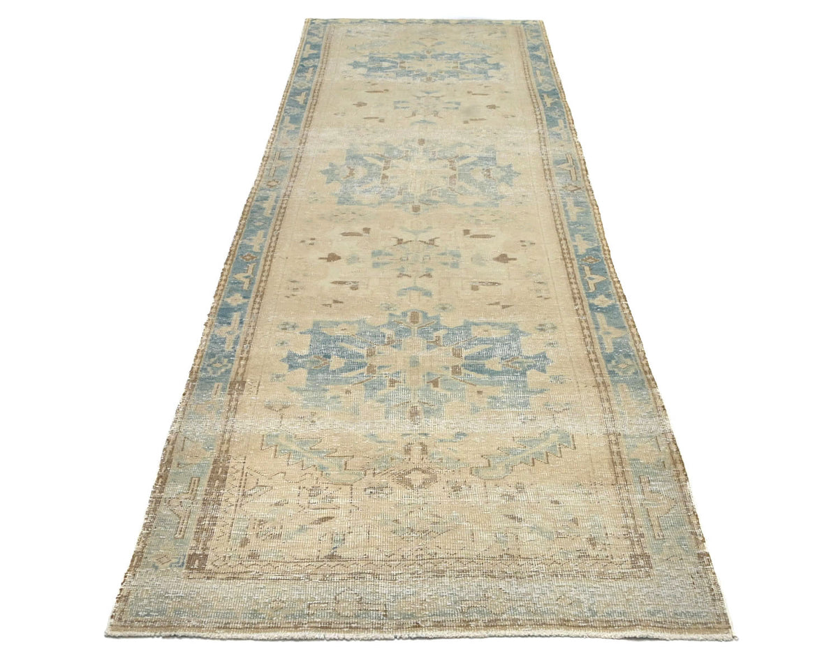 11 Ft Vintage Persian Style Hand Knotted Distressed Low Pile Wool Runner Rug
