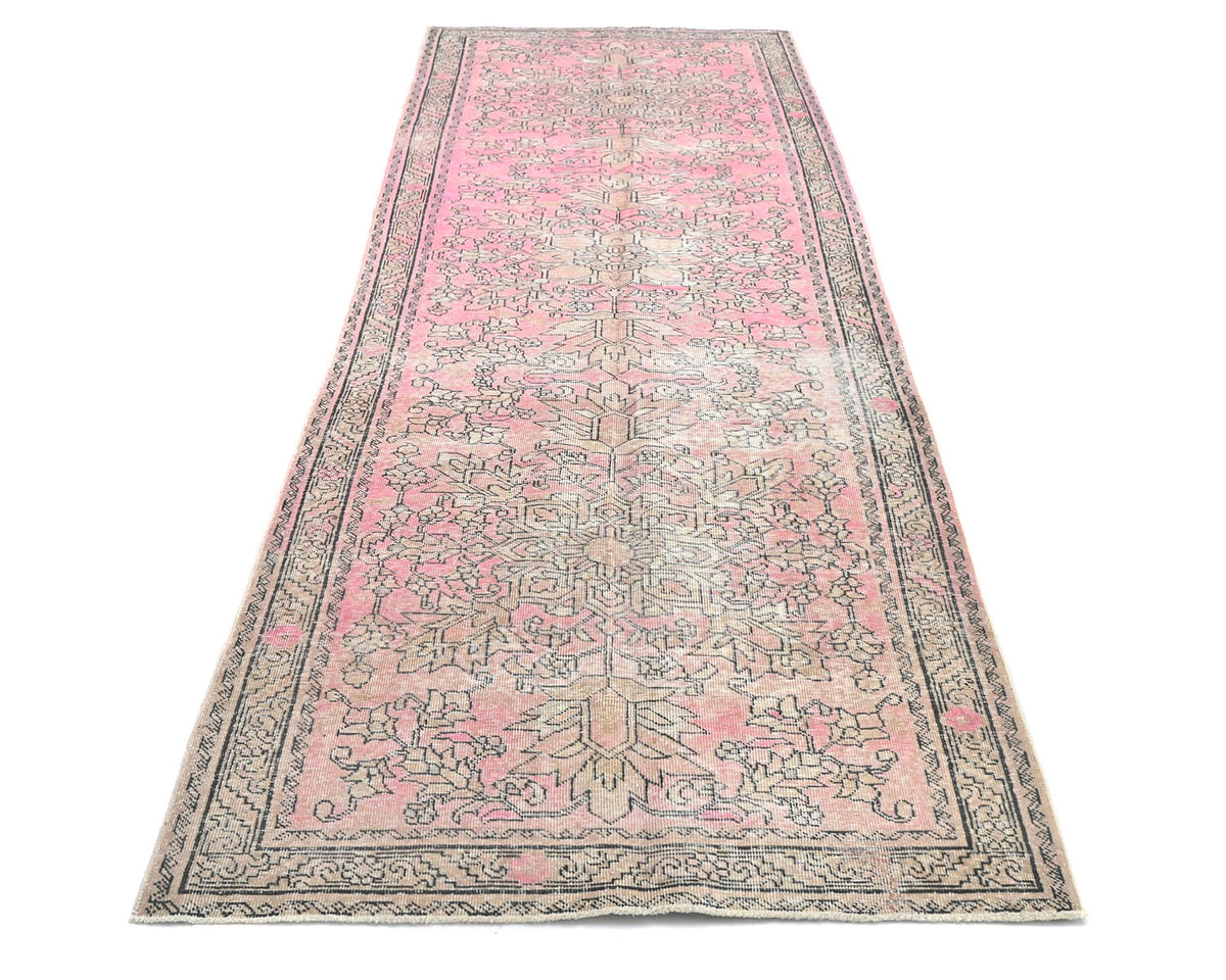 Alfombra de lana de pelo corto, estilo persa, vintage, rosa y marrón, anudada a mano, de 13 pies