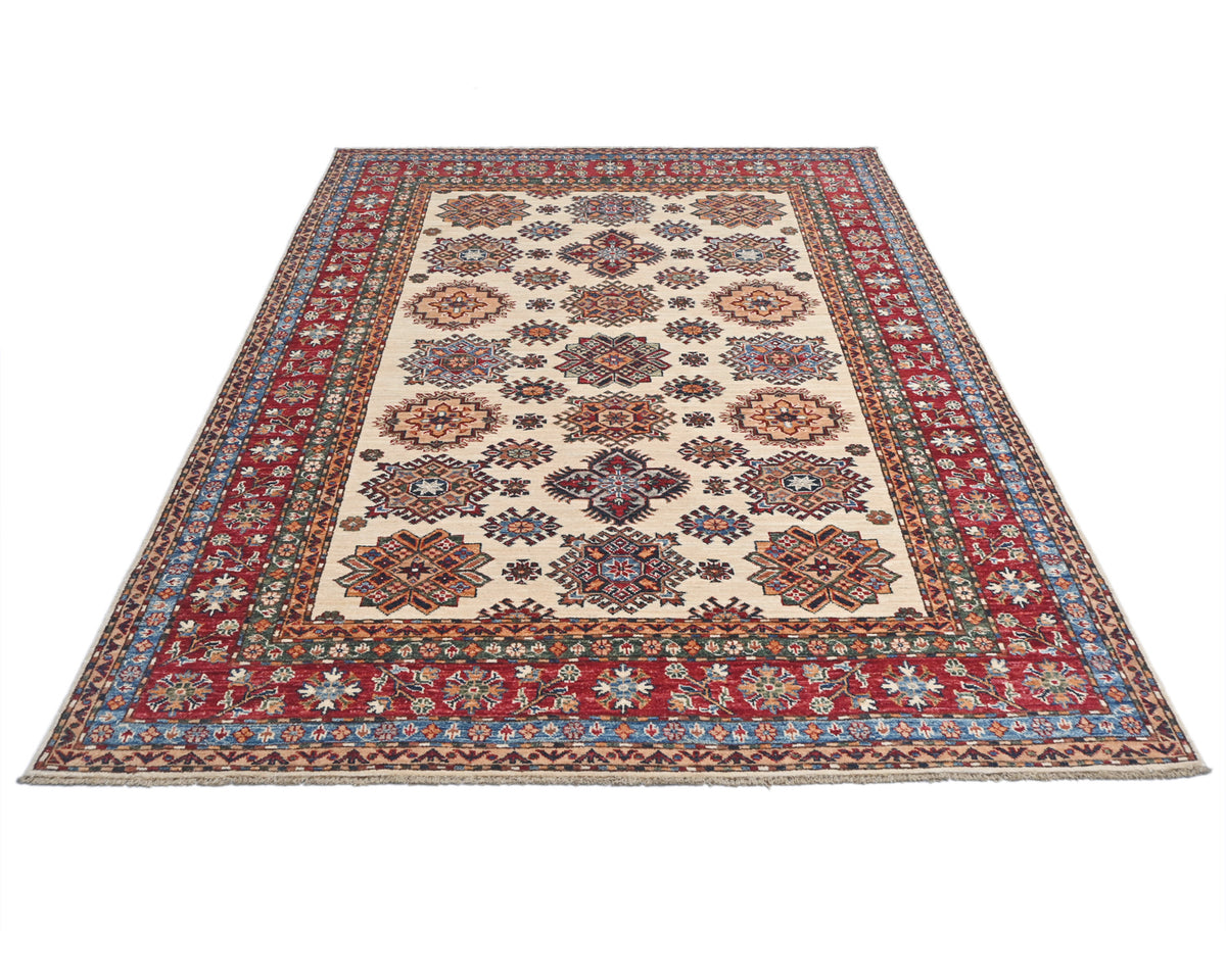 6x8 Beige Kazak Afghan Hand Knotted Geometric Wool Area Rug