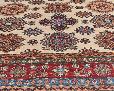 6x8 Beige Kazak Afghan Hand Knotted Geometric Wool Area Rug