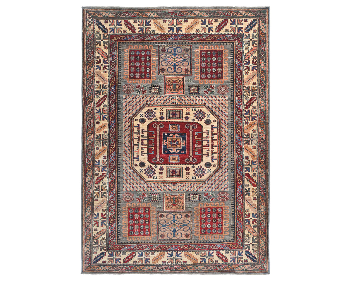 6x8 Beige Kazak Afghan Hand Knotted Geometric Wool Area Rug