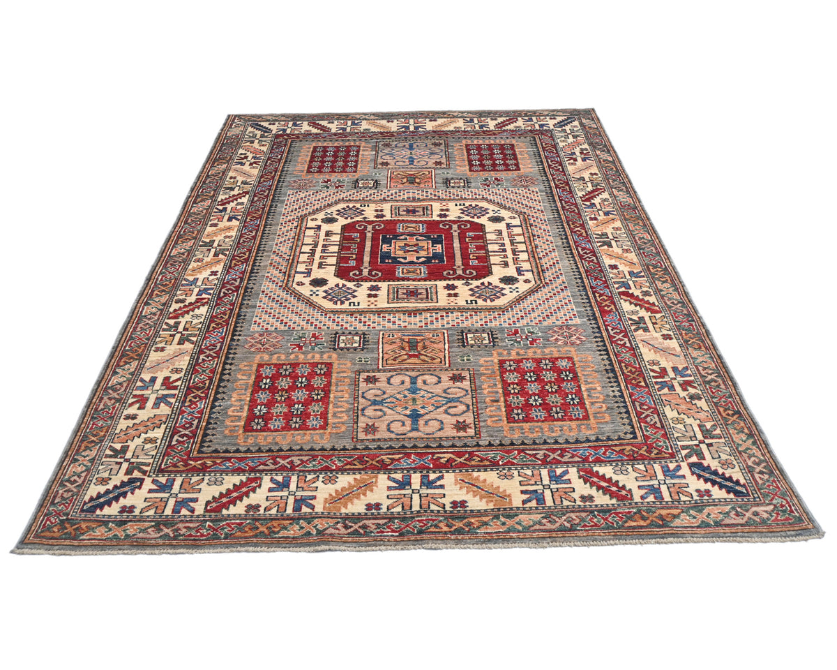 6x8 Beige Kazak Afghan Hand Knotted Geometric Wool Area Rug