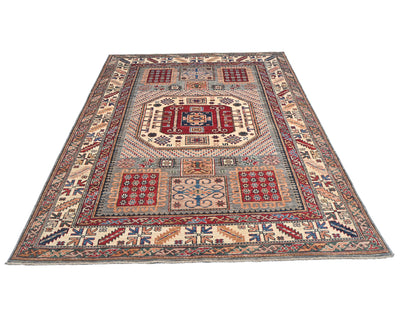 6x8 Beige Kazak Afghan Hand Knotted Geometric Wool Area Rug