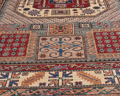6x8 Beige Kazak Afghan Hand Knotted Geometric Wool Area Rug