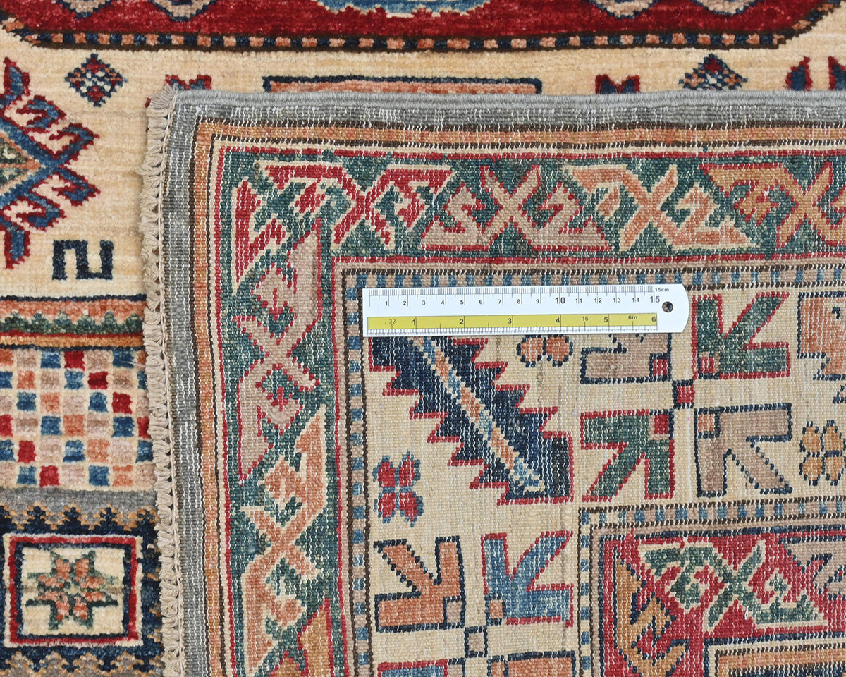 6x8 Beige Kazak Afghan Hand Knotted Geometric Wool Area Rug