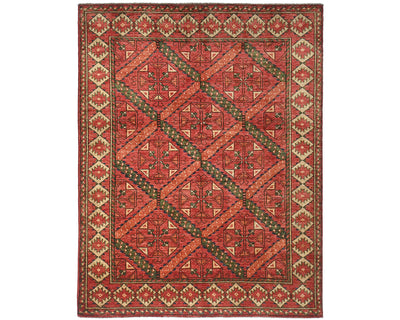 Alfombra afgana Ersari de lana teñida con vegetales, anudada a mano, color rojo óxido, de 5 x 7