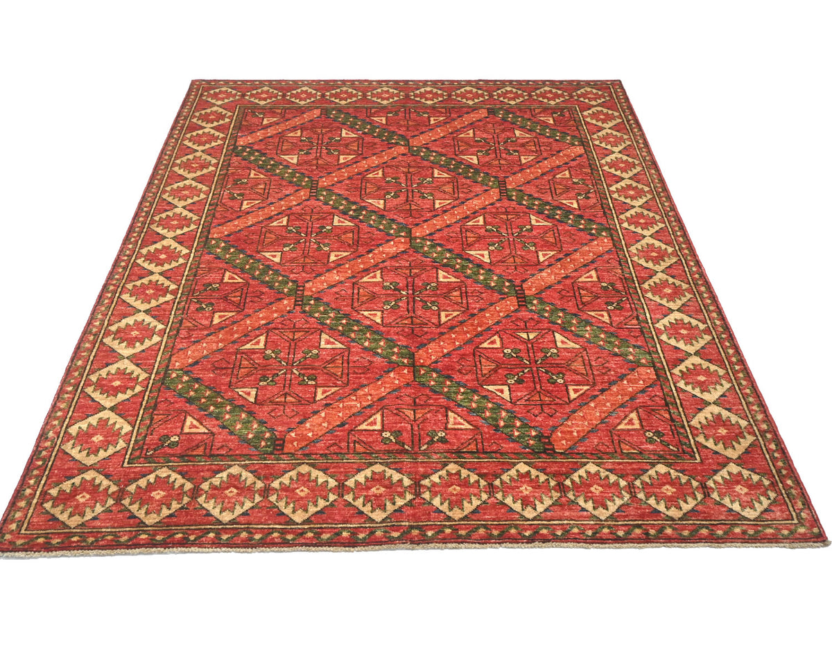 Alfombra afgana Ersari de lana teñida con vegetales, anudada a mano, color rojo óxido, de 5 x 7