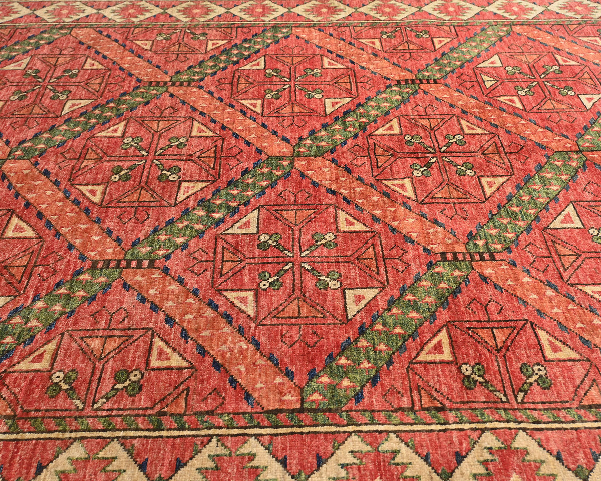 Alfombra afgana Ersari de lana teñida con vegetales, anudada a mano, color rojo óxido, de 5 x 7