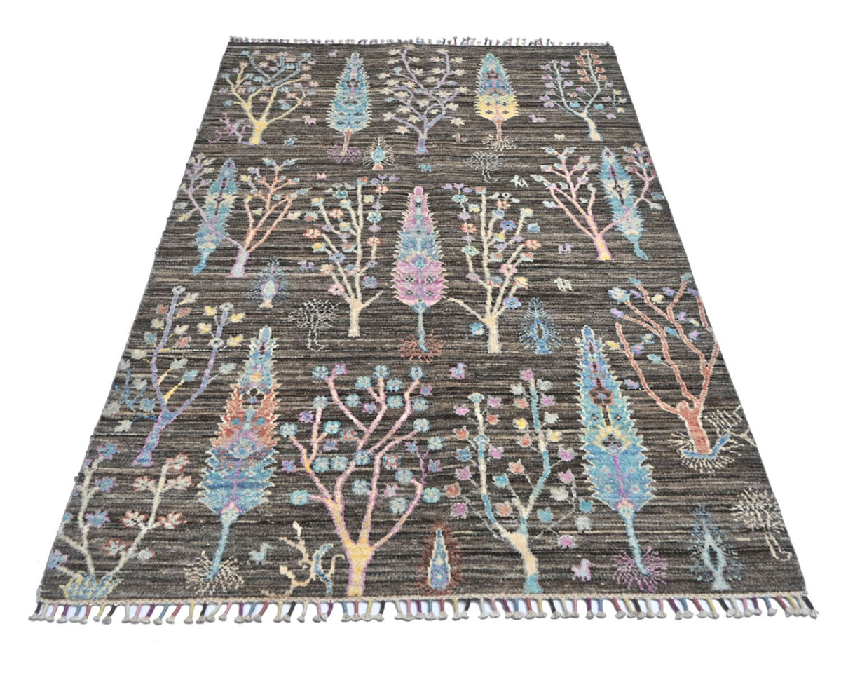 Alfombra afgana de lana anudada a mano Khurgeen marrón y gris de 4 x 6 pulgadas